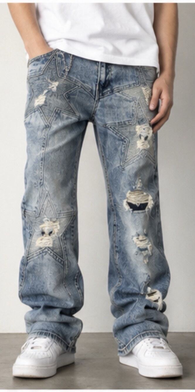 Waimea New York Stacked Fit Jeans Mens 32 Moto Star Distressed Blue Denim